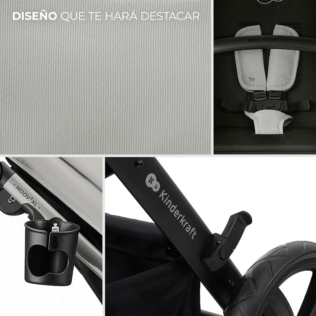 Kinderkraft MOOV XL 3 en 1, Carrito bebé hasta 27 kg, Carro, Con Asiento I-SIZE 40-75 cm, Plegable, Amortiguación, Convertible, Capazo XL, Con accesorios, Gris Claro