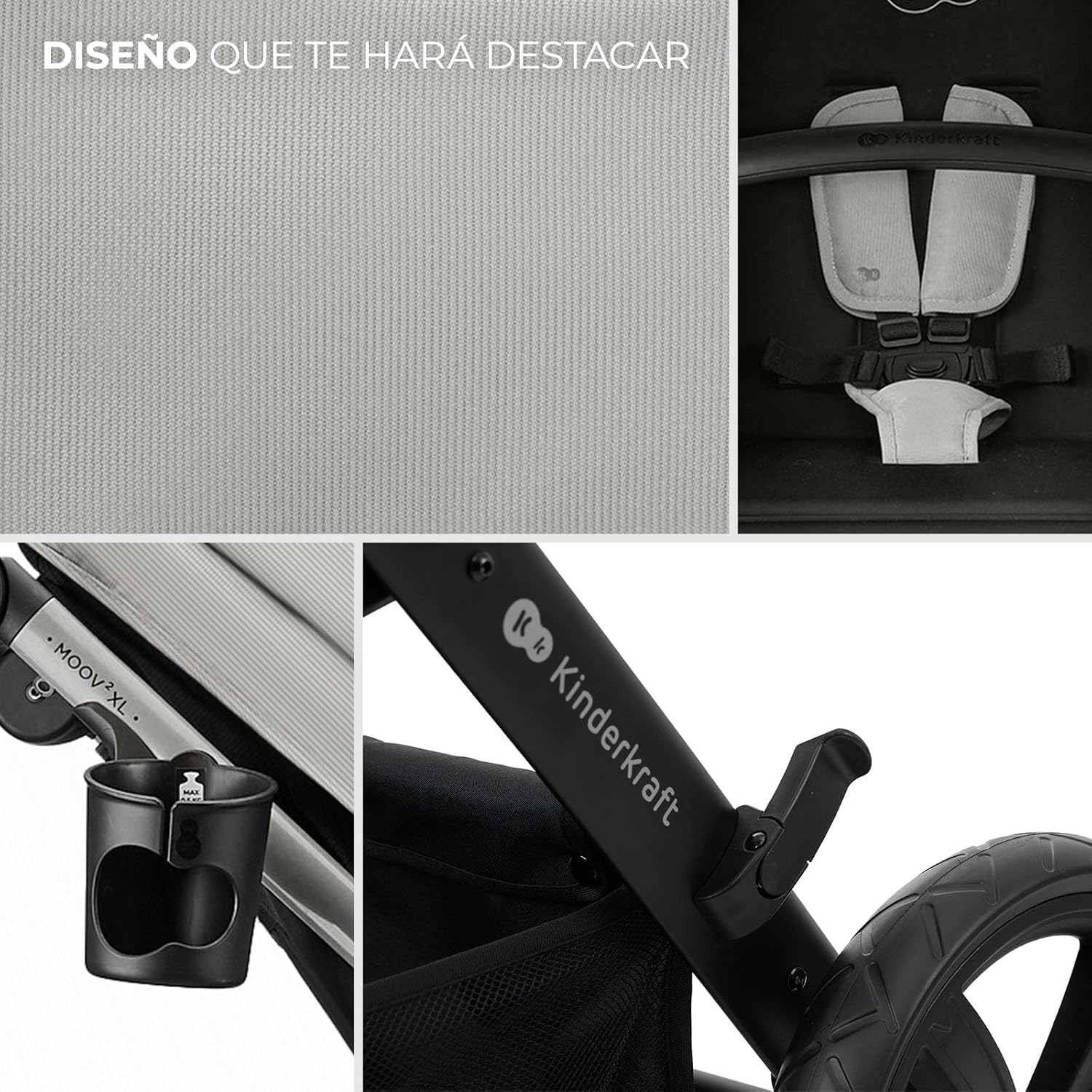 Kinderkraft MOOV XL 3 en 1, Carrito bebé hasta 27 kg, Carro, Con Asiento I-SIZE 40-75 cm, Plegable, Amortiguación, Convertible, Capazo XL, Con accesorios, Gris Claro