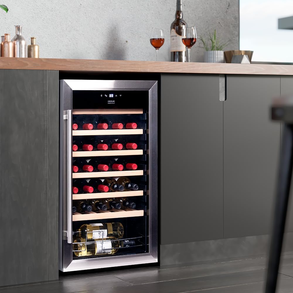 Cecotec Vinoteca 34 botellas Bolero grandsommelier 34030 inox compressor, 80 L, Enfriamiento por compresor, Temperatura regulable de 5 a 18ºC, Control táctil, Display, LED interior.
