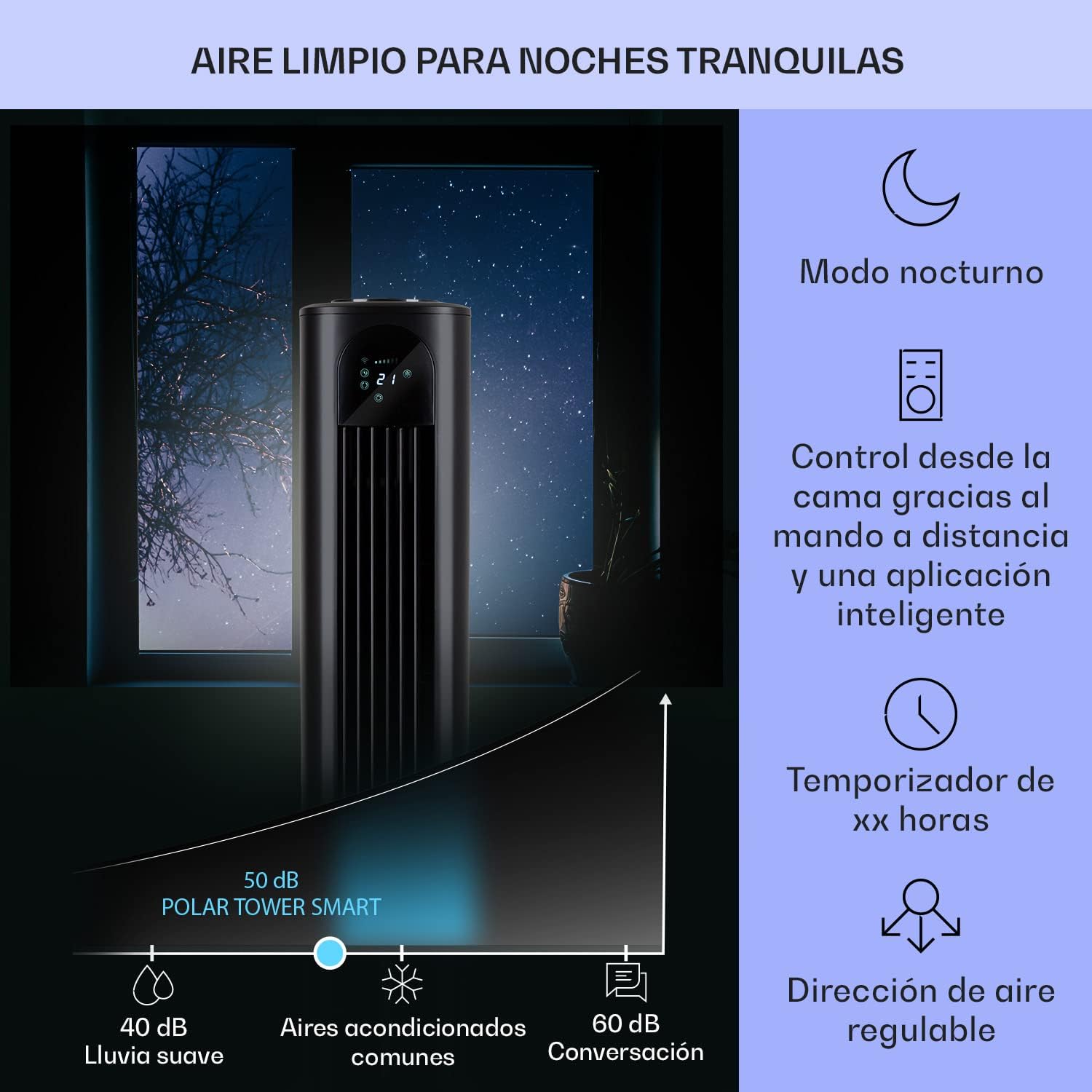 KLARSTEIN Polar Tower Smart Climatizador Evaporativo – 4 en 1: Ventilador, Humidificador & Purificador, Control App & Alexa, Depósito 7L, 3.306 m³/h, Modo Noche, Portátil con Ruedas, Negro