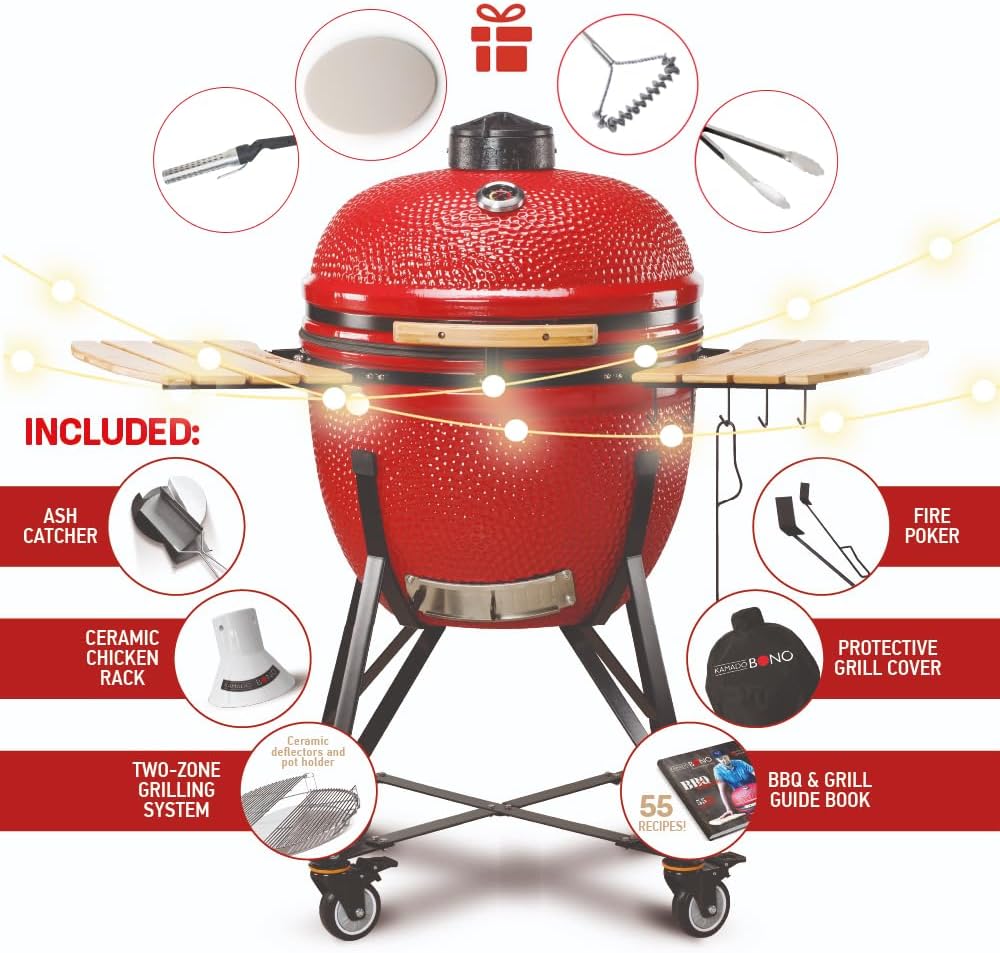 Kamado BONO BBQ - Barbacoa Grande XXL con 10 accesorios - Ø 64 cm Kamado Barbacoa con Accesorios - Parrilla ahumador rojo en la terraza, balcón o jardín