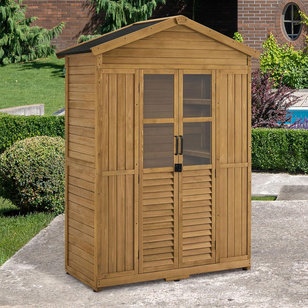 M MCombo Armario de Jardín de Madera Resistente a la Intemperie, Cobertizo de Herramientas al Aire Libre a Prueba de Agua, 74×143×200 cm (Naturaleza)