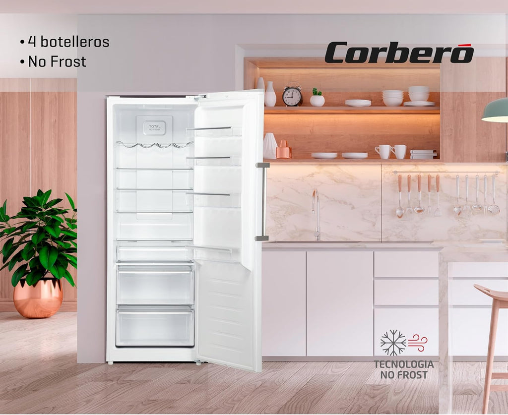 Corberó - Frigorífico 1 Puerta | CCLH18524NFW | 65x59,5x185 | Capacidad 359L | No Frost | Display en Puerta | Luz LED | 2 Crisper XXL | Fresh Box | 4 Botelleros | Tirador Easy Open | 40 Db | Inox
