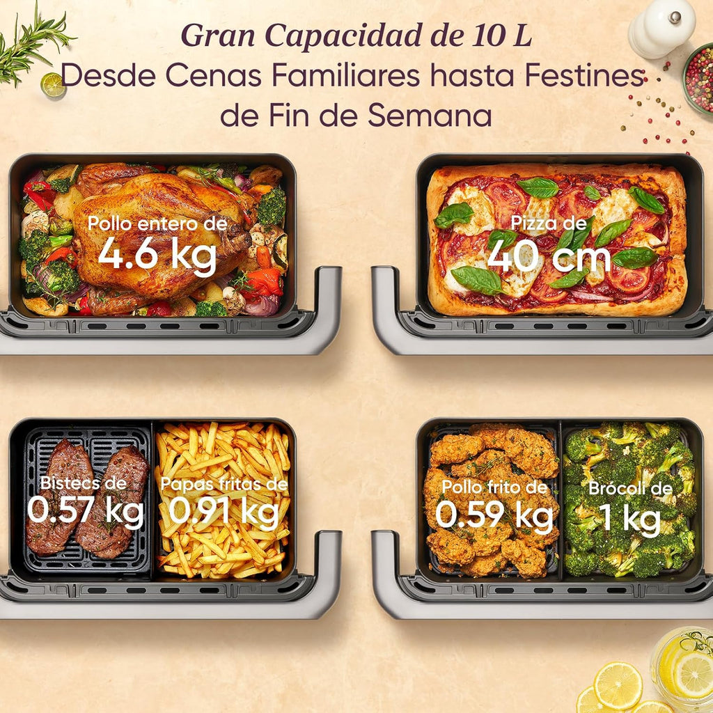 Cosori Freidora de Aire Dual Blaze TwinFry 10 Litro-True Metal-Doble Resistencia 2800 W (35–240 °C)-Divisor para Zonas de la Gran Doble Cesta-6 Funciones-Smart WiFi-Máx 10 Personas-Limpiable