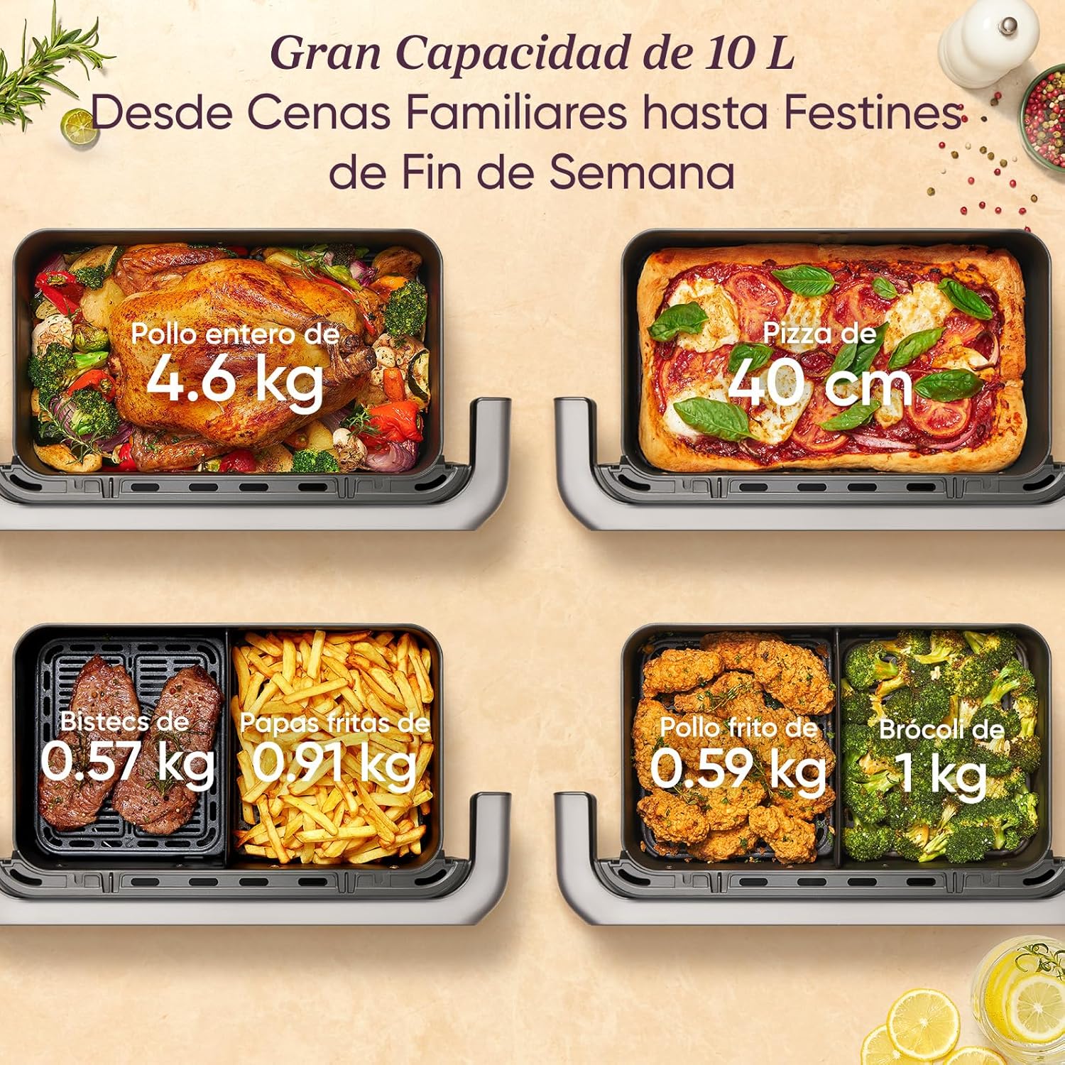 Cosori Freidora de Aire Dual Blaze TwinFry 10 Litro-True Metal-Doble Resistencia 2800 W (35–240 °C)-Divisor para Zonas de la Gran Doble Cesta-6 Funciones-Smart WiFi-Máx 10 Personas-Limpiable