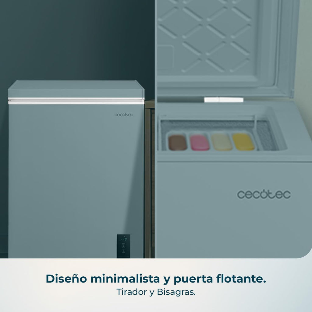 Cecotec Congelador Horizontal 143L Bolero CoolMarket Chest 143P White E. Cesta con Asas, Control Electrónico LED, UltraContact D-Cool, Dual Function, Puerta ZeroG (80º-30º), Fast Freezing, Compacto