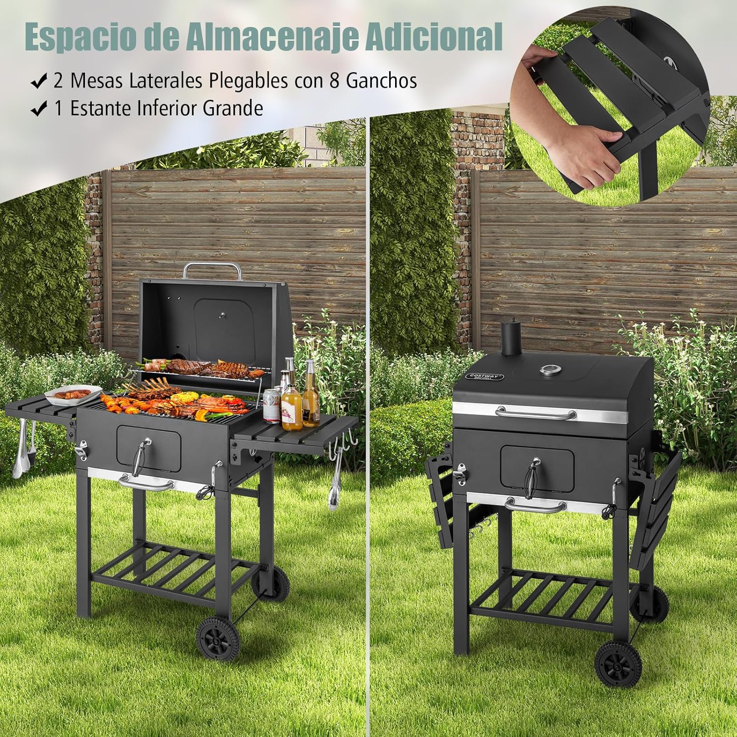 COSTWAY Barbacoa Carbon XXL, Barbacoa Portatil 128 x 54x 117 cm, Tapa, Termómetro, 2 Mesas Laterales Plegables, 8 Ganchos, 2 Ruedas y Abridor de Botellas