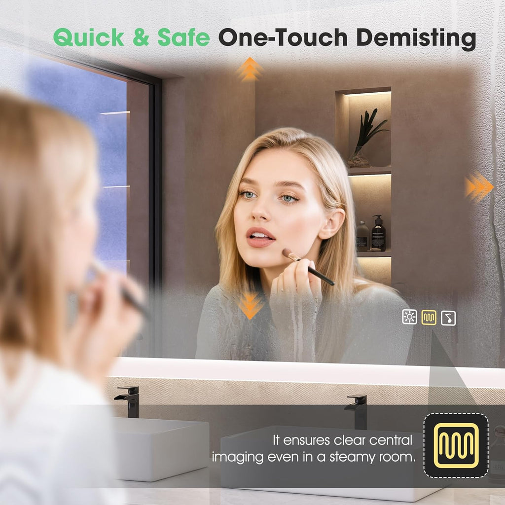 S'bagno Espejo-Baño-con-Luz 100x70cm, Espejo-Baño-Led-Bluetooth, Antivaho, 3 Colores, Regulable, Memoria, Vidrio Templado HD, Resistente Al Agua IP44, Vertical/Horizontal