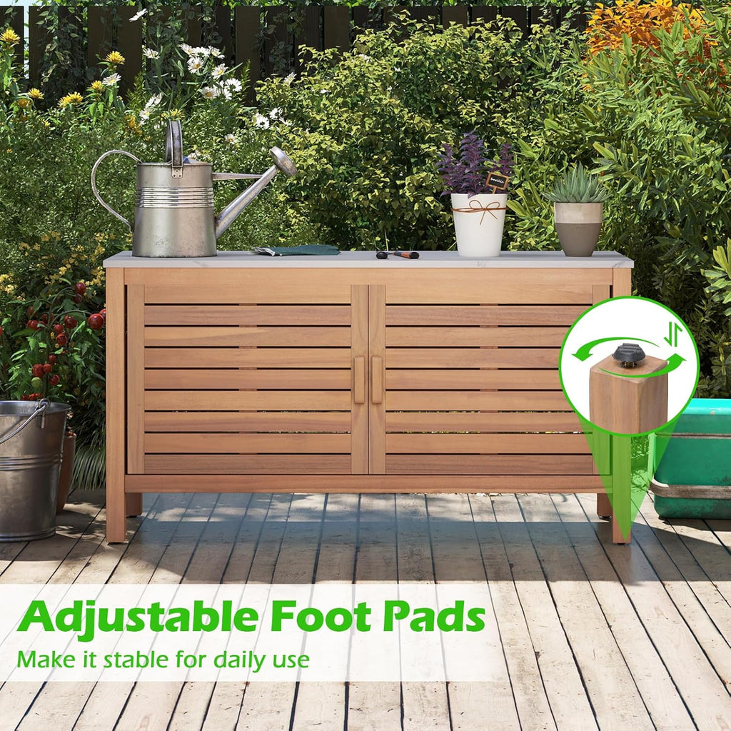 KOMFOTTEU Baúl de Jardín de Madera de Acacia, Caja de Almacenamiento con Doble Puerta y Tapa de Mármol Artificial, Arcón Exterior con Patas Ajustables, Contenedor Organizador para Patio