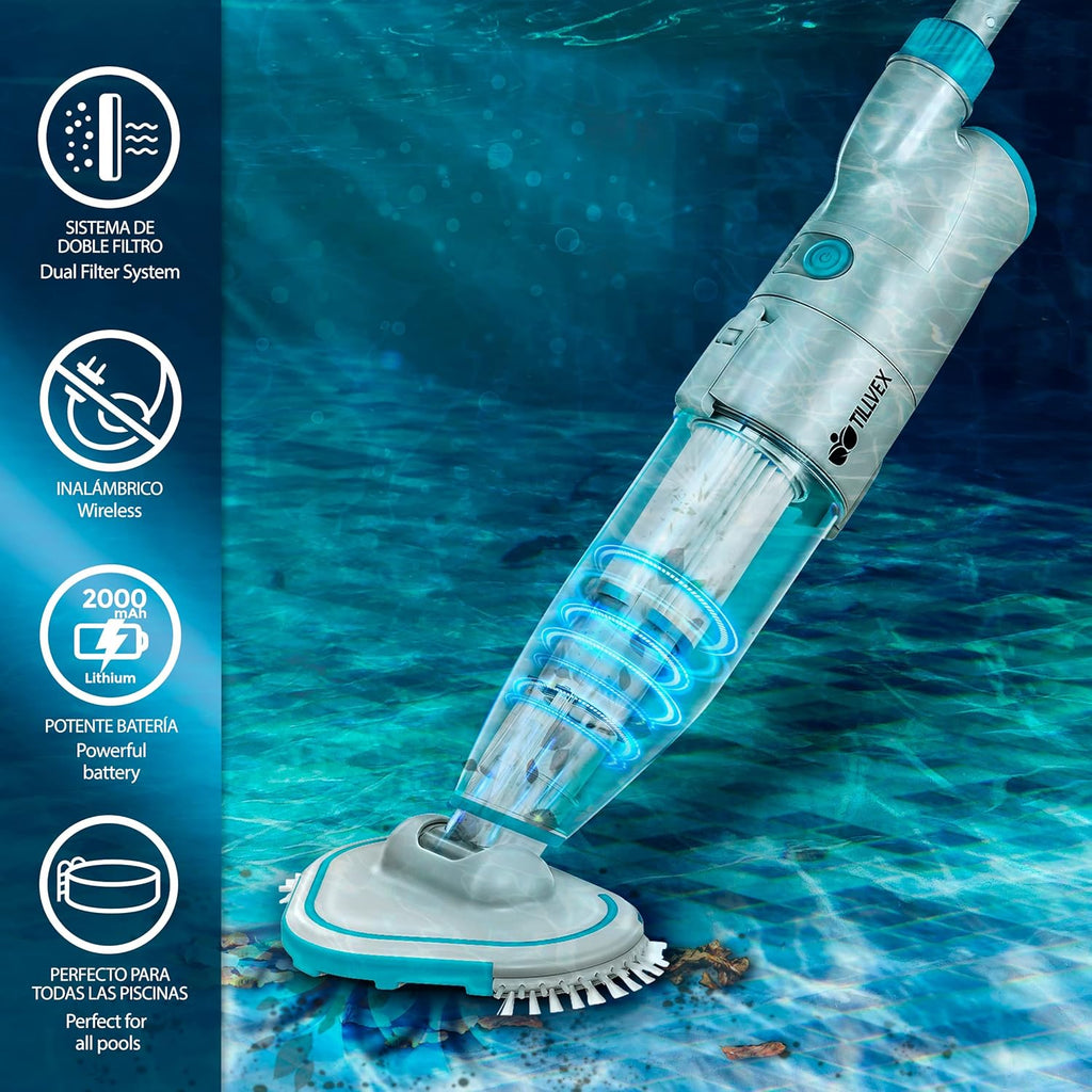 tillvex Limpiafondos Eléctrico de Piscina | Set Aspirador de Fondo Automático con Mango Telescópico | Aspiradora Inalámbrica de Limpieza con Filtro y 2 Velocidades