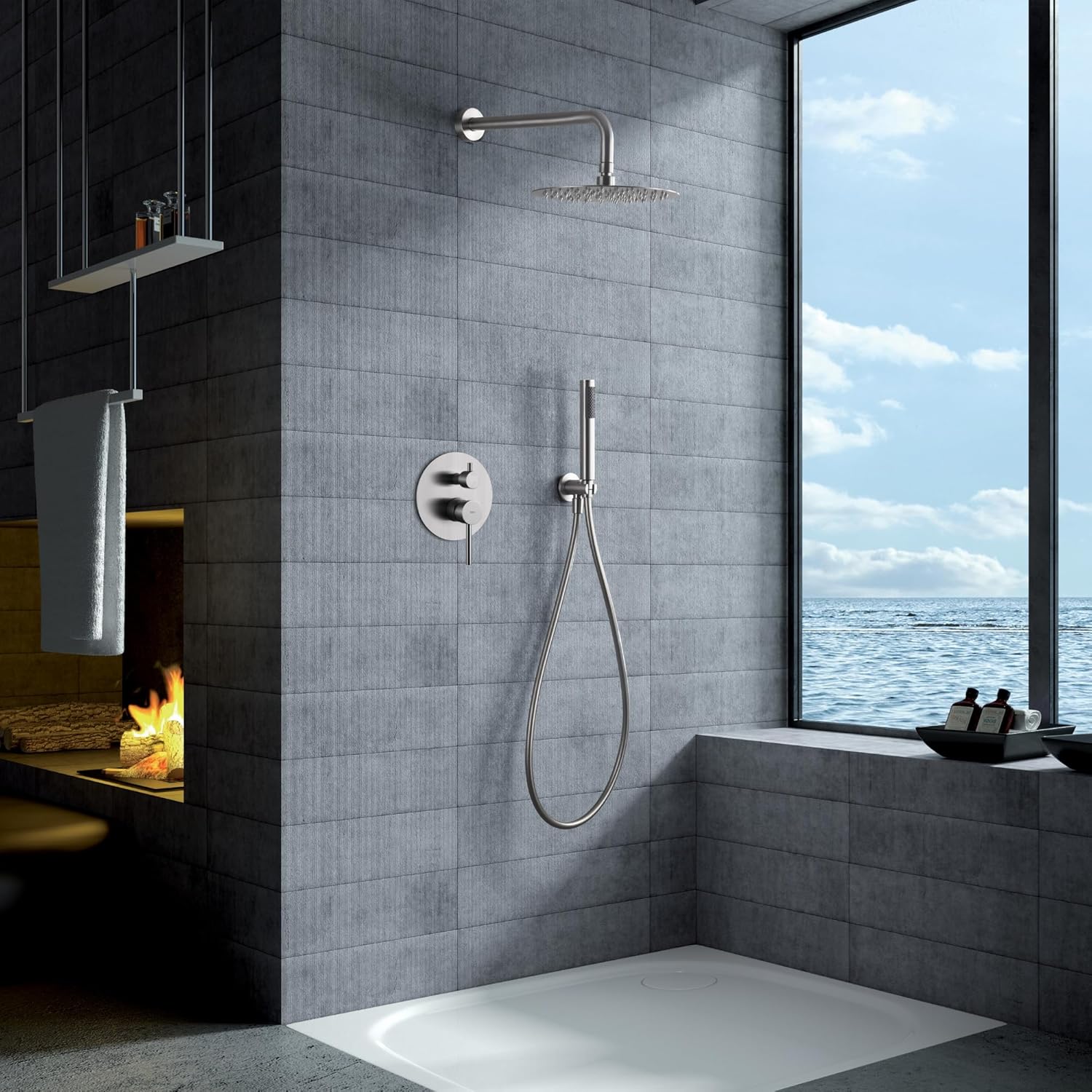 IMEX - Ducha Exterior Pared Acero Inoxidable | Ducha de Jardín Empotrable Exterior para Pared de Acero S.316 | Conjunto de Grifería con Agua Fría y Caliente para Piscina con Alcachofa | Serie Moscú
