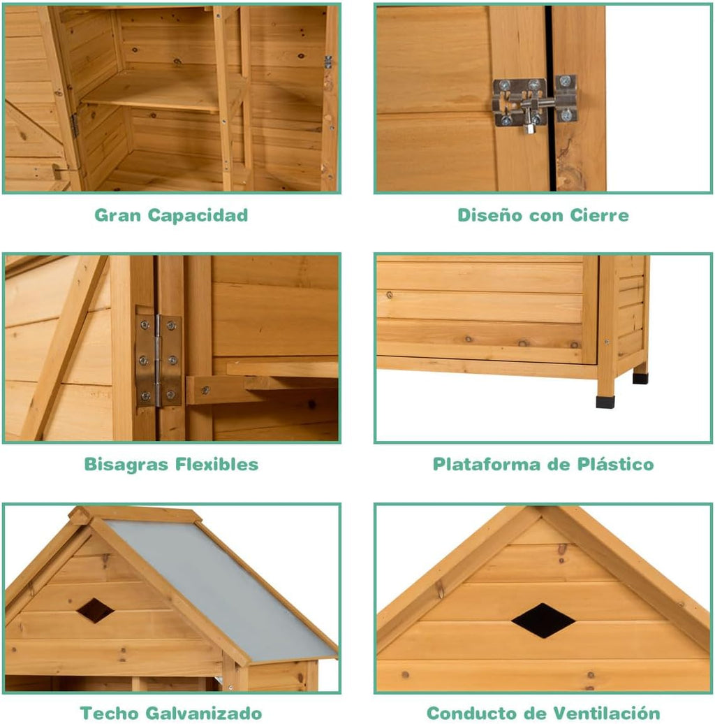 COSTWAY Caseta Jardin Exterior de Madera, Cobertizo Jardin Exterior con 5 Estantes y 2 Puertas con Cerradura, Armario para Herramientas con Techo Impermeable para Jardín Balcón Terraza (70x45x160cm)