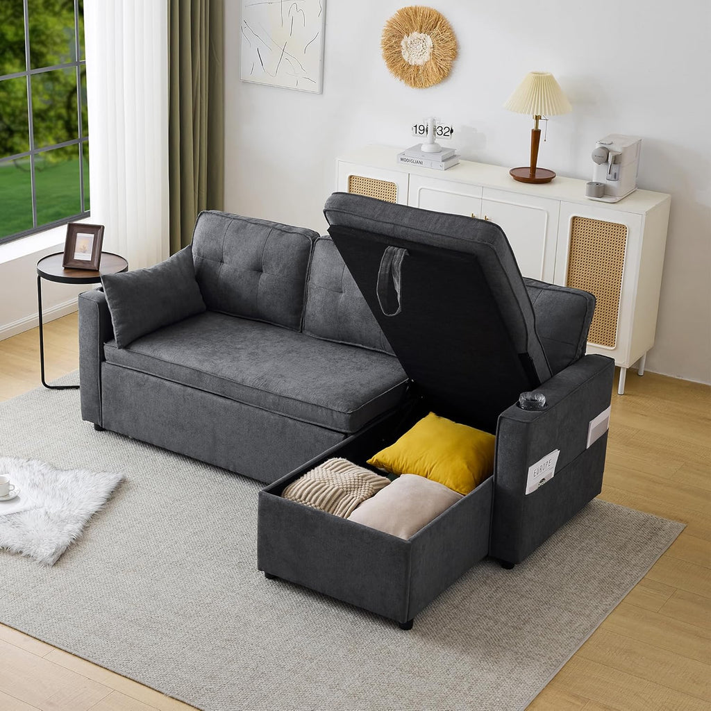 Sofá Cama 3 plazas con Portavasos y Bolsa Pasamanos Lateral, Sofá en Forma de L, Intercambiable a la Derecha y a la Izquierda, Gris