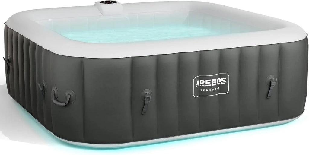 Arebos Whirlpool Inflatable Spa | Hot Tub | 185 x 185 cm | for 6 People | LED Luminous Band | 130 Massage Jets | 910 Litres | Includes Cover | Bubble Massage and Wellness