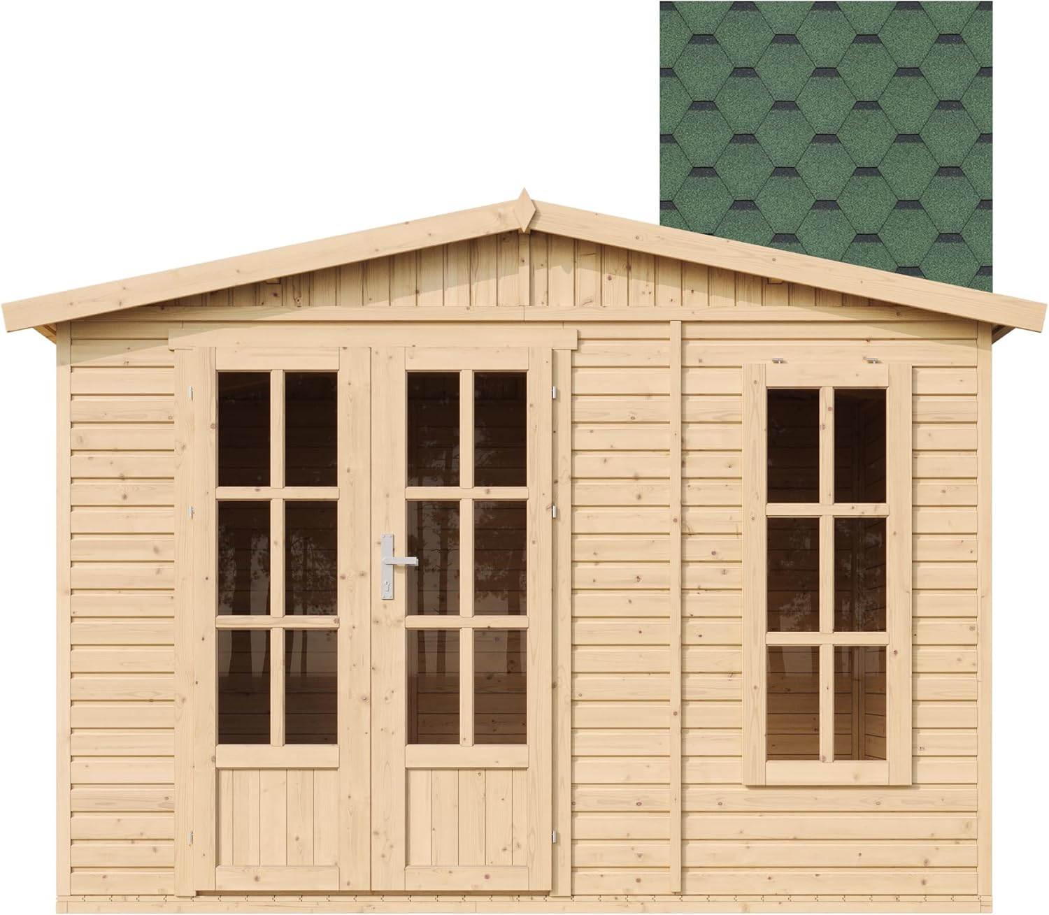 TIMBELA Caseta de jardín de Madera de 6 m2 - Cobertizo Jardin Exterior con Suelo, Ventana, Puerta Doble - Cabaña de jardín para Trabajar en casa - con Tejas bituminosas Verde M334FB+H334FBGREEN