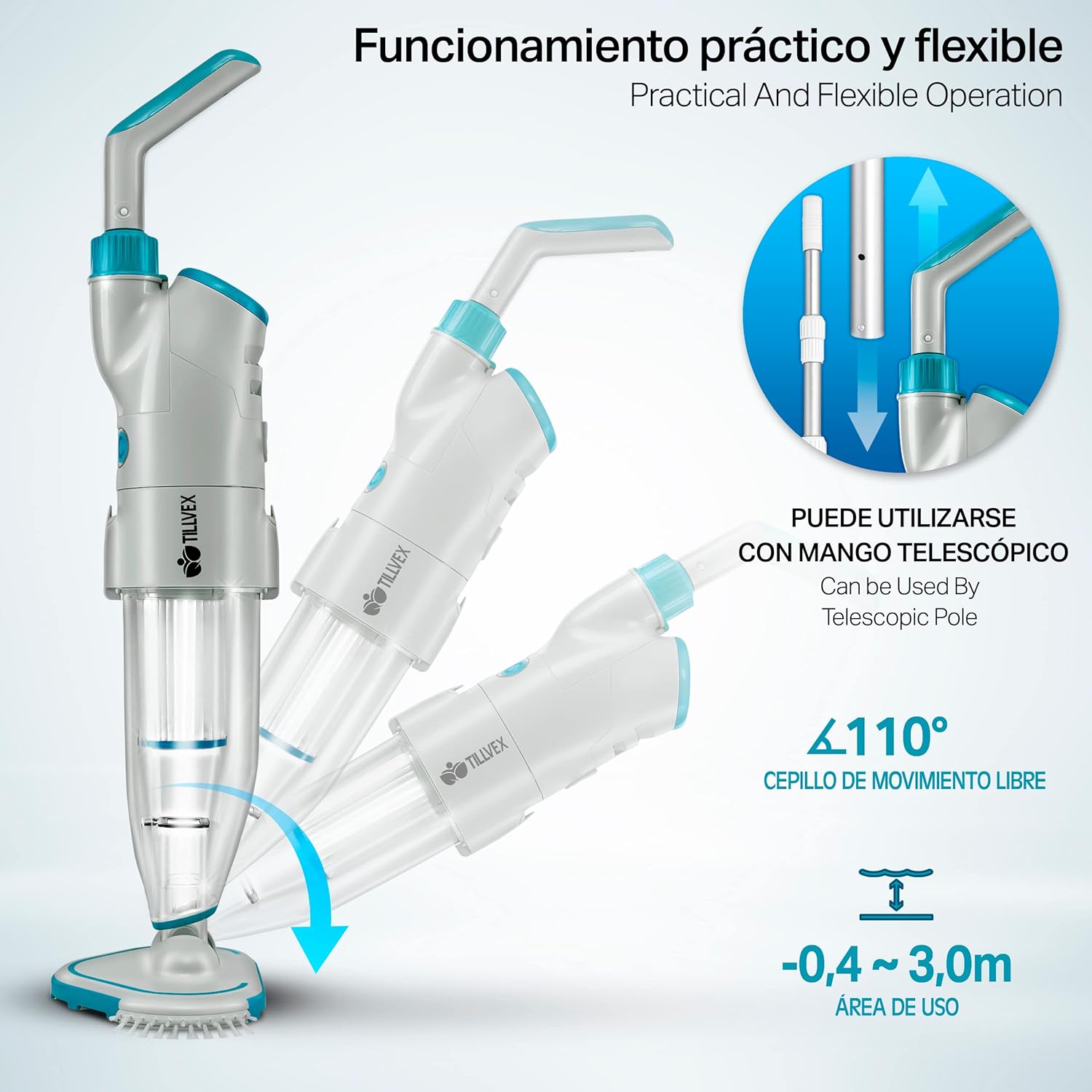 tillvex Limpiafondos Eléctrico de Piscina | Set Aspirador de Fondo Automático con Mango Telescópico | Aspiradora Inalámbrica de Limpieza con Filtro y 2 Velocidades