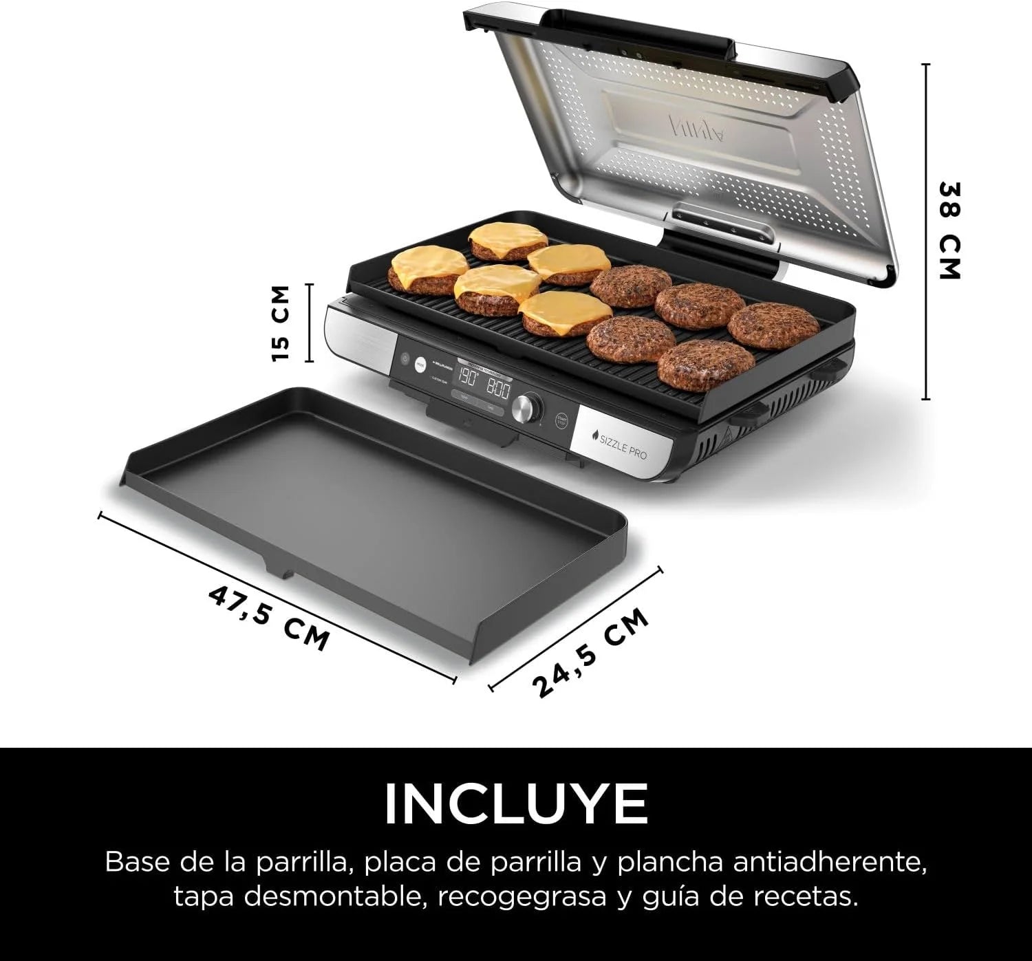 Ninja Sizzle Pro XL Indoor Grill and Griddle with Non-Stick Ceramic Griddle Plate and Griddle, Detachable Lid, Grease Catcher and Recipe Guide, Silver/Black GX101EU