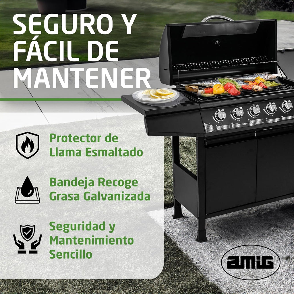 Amig - Barbacoa de gas Fireplus 6+1 de 12,9 kW - Acero inoxidable Negro - Parrilla con ruedas Modelo GRILL-6F - Barbacoa XXL con carro y termómetro - 138x52x103 cm - 7 quemadores y Bandeja lateral