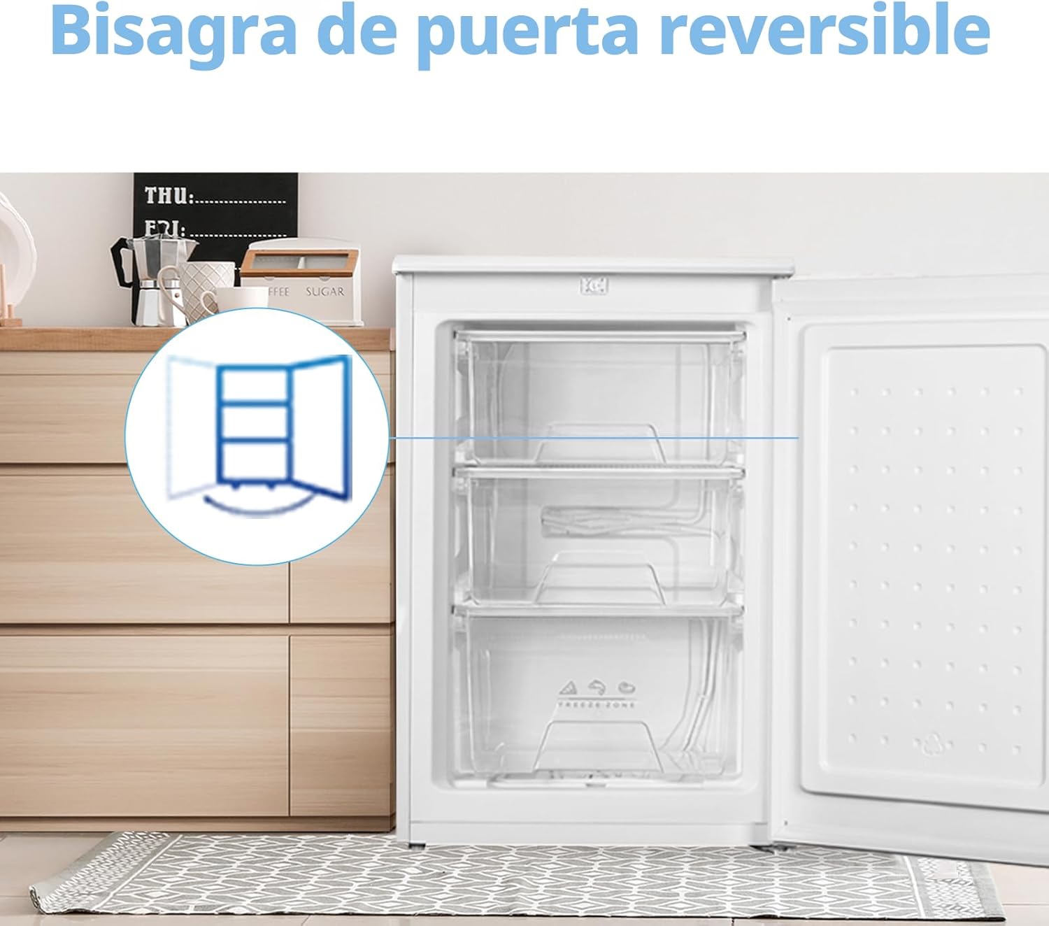 COMFEE' RCU83WH3EU(E) Congelador vertical independiente 88 Litros, 3 cajones, Congelador de gran capacidad, Termostato ajustable, Puerta reversible, Blanco