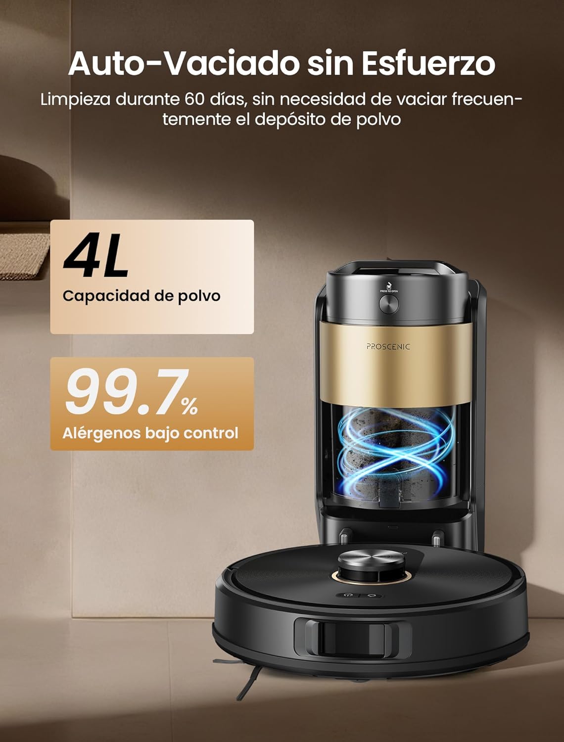 Proscenic Q20 Plus Robot Aspirador y Fregasuelos 10000 Pa/200Mins, con 4L Base Autovaciado sin Bolsa, Navegación y Cartografía por Láser por App/Voz/Control, para Suelos, Alfombras y pelos de Mascotas
