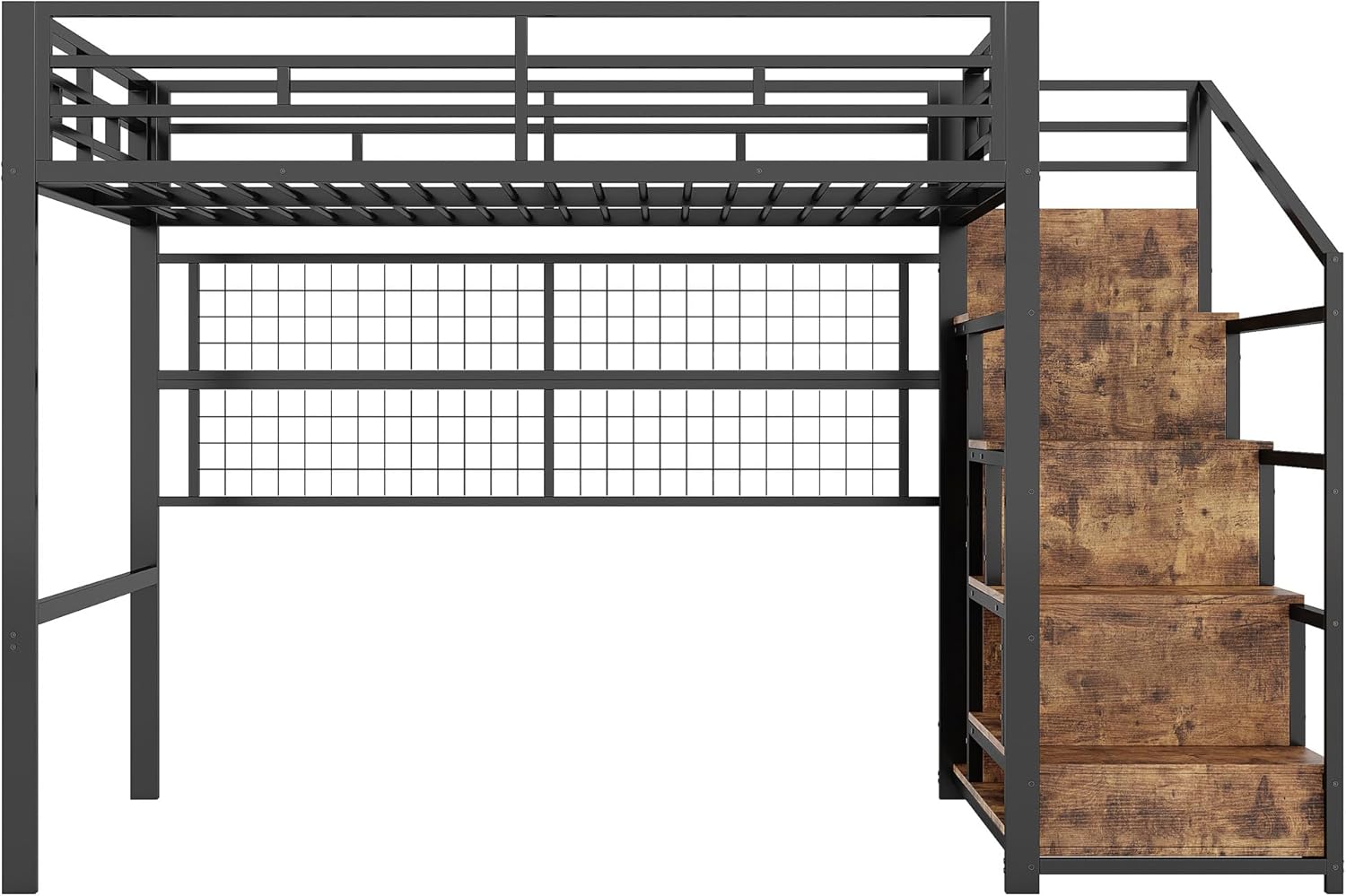 Cama alta (140 x 200 cm), marco de hierro, armario, escalera de almacenamiento, rejilla para colgar objetos, espacio libre debajo de la cama, luces LED de 7 colores, sin colchón, color negro
