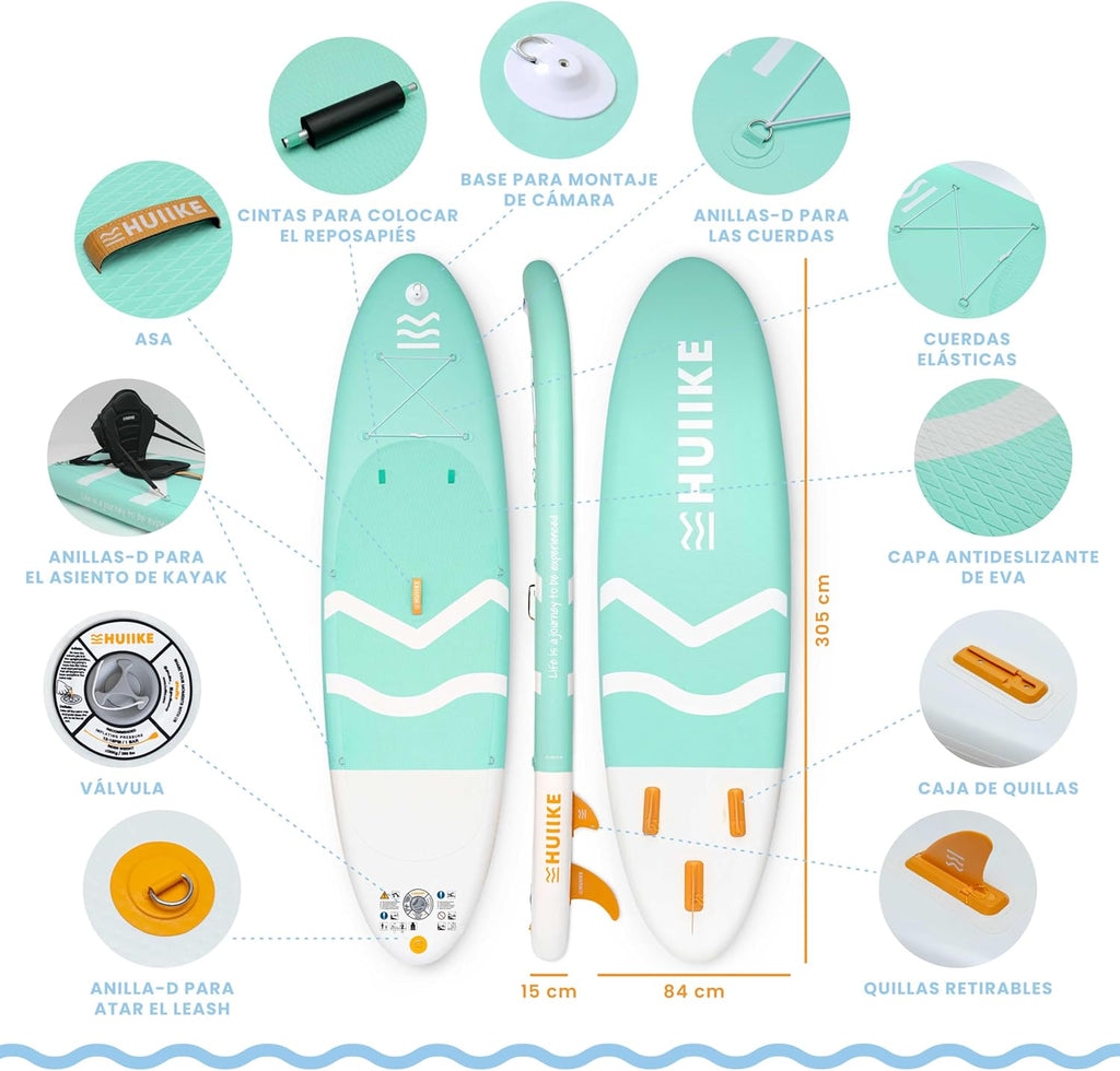 HUIIKE Tabla Paddle Surf Hinchable con Accesorios Incluidos, Remo, Quillas, Inflador. Stand Up Paddle Board Gran Estabilidad y Resistencia. 305 x 84 x 15 cm, Soporta hasta 130 kg