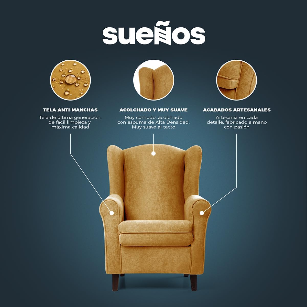 SUENOSZZZ-ESPECIALISTAS DEL DESCANSO SUEÑOS ZZZ - Sillón Irene, sillón orejero de Lactancia tapizado en Tela Anti Manchas Color Marrón, sillón butaca para Dormitorio, salón o habitación de bebé