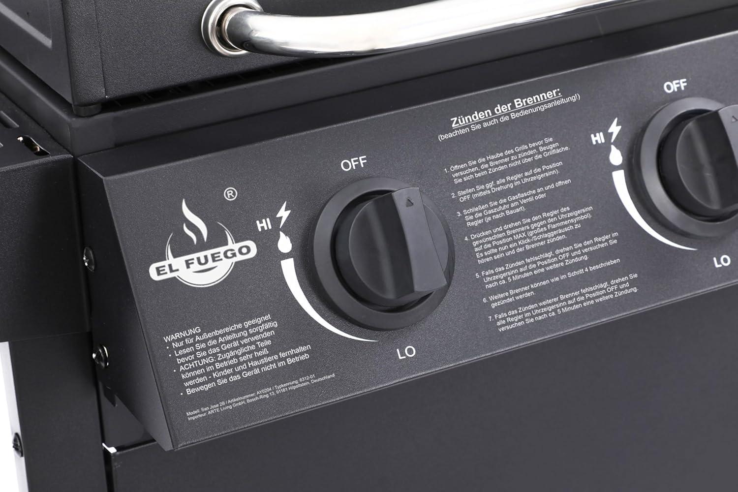 Grill gazowy "San Jose 2 palniki" firmy El Fuego®, w zestawie wąż gazowy i reduktor ciśnienia, ruszt do grillowania z żeliwa, z termometrem i dużymi półkami bocznymi, grill BBQ | AY0204