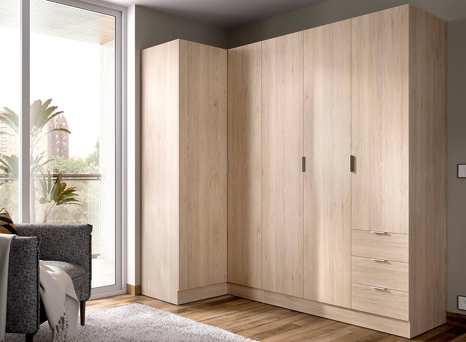 DEKIT GRUPO RIMOBEL Essen Armario de rincón con cajones - Roble Natural - 184 cm (Alto) x 91 cm (Ancho) x 214 cm (Prof.)