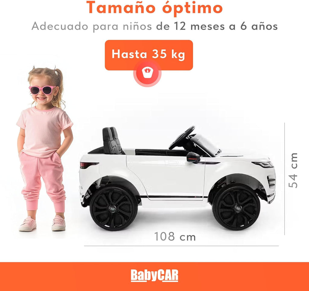BabyCar Range Rover | Coche electrico para niños 12V con 2 Motores 35W | Coche Bateria con Mando Niño, Asiento de Piel, Puertas abatibles, MP4/USB | Licencia Oficial | Blanco