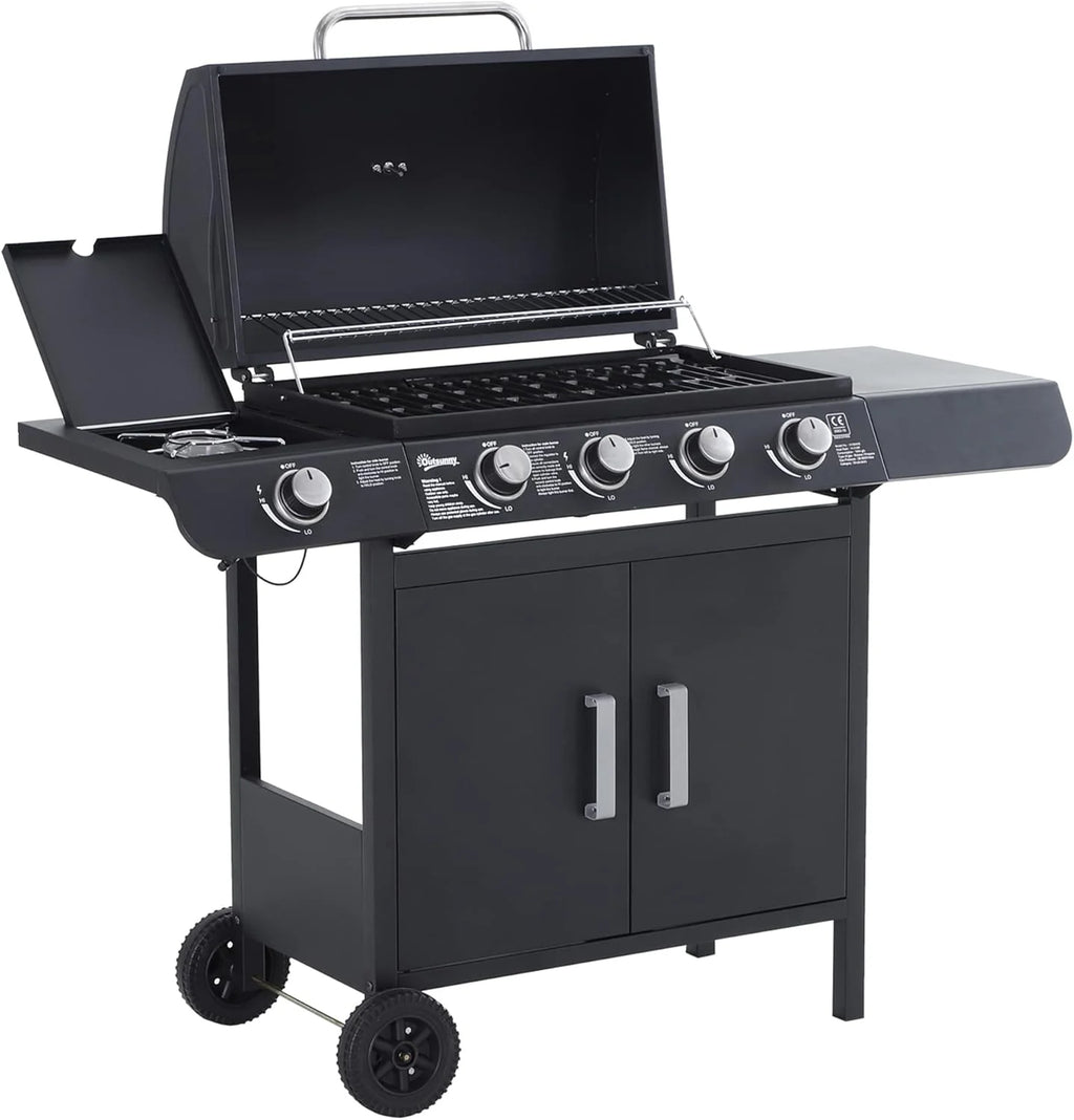 Outsunny Gas Barbecue with 4+1 Burners 14.4 KW Side Tables Storage Cabinet Thermometer and 2 Wheels Stainless Steel BBQ 125 x 51 x 100 cm Black