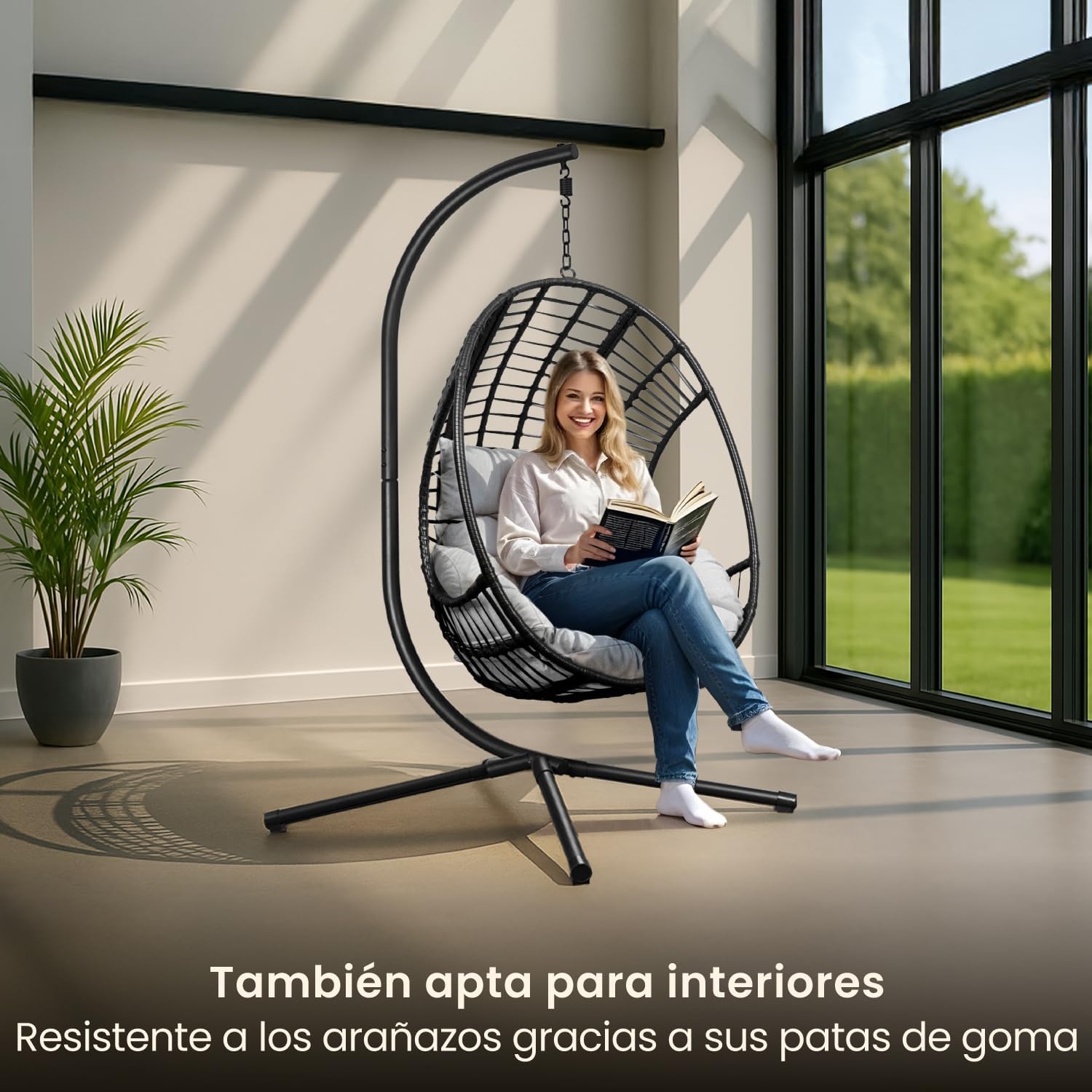 Swoods XXL Silla Colgante de Jardín - para Interior y Exterior - Silla Colgante con Base - Incluye Cojines - Resistente a la Intemperie - Carga máxima 150 kg