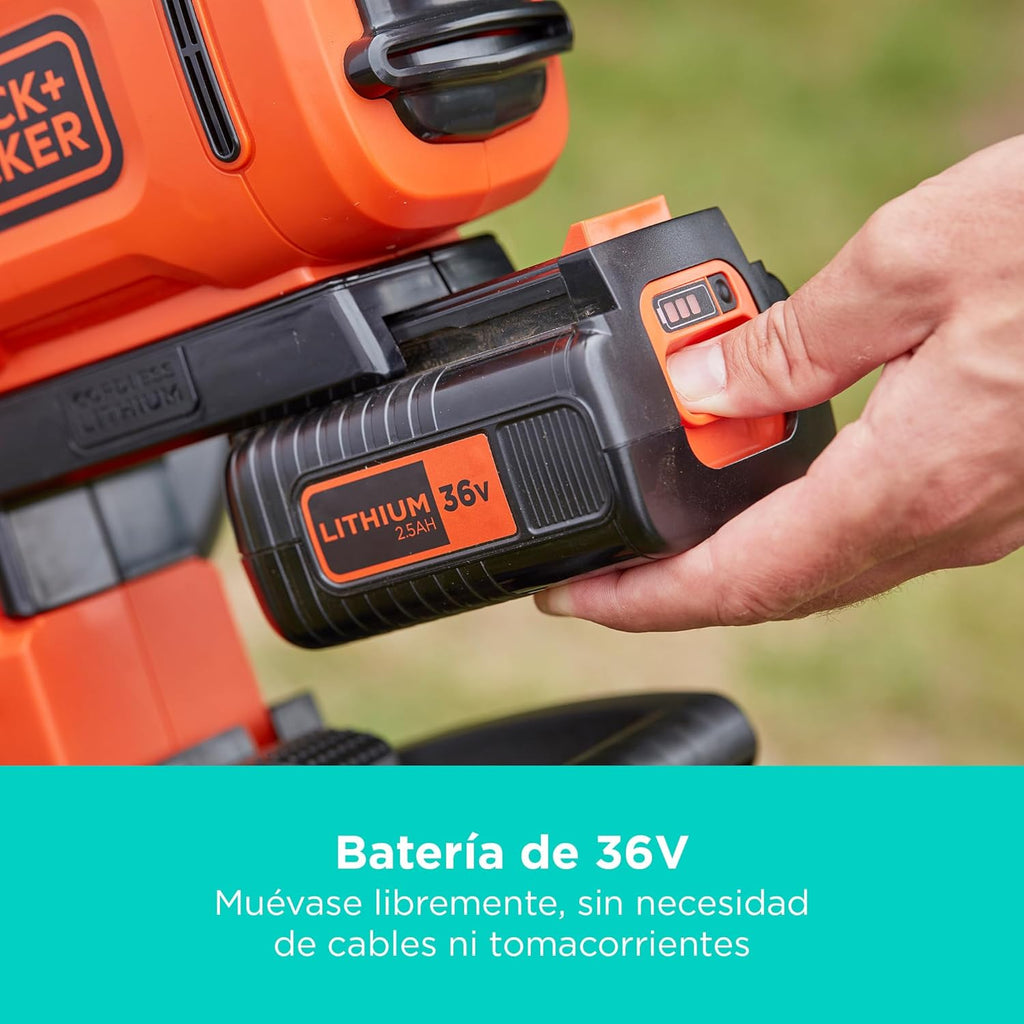 BLACK+DECKER Sopladora, aspiradora y trituradora de Hojas sin Cable de 36v, con Bolsa de recolección de 45L y batería de Litio de 2.5Ah, BCBLV3625L1-QW