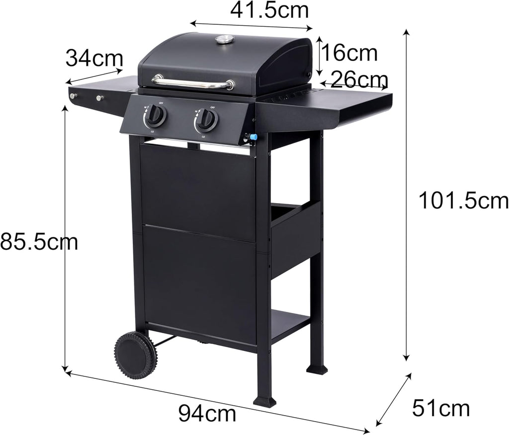 Grill gazowy "San Jose 2 palniki" firmy El Fuego®, w zestawie wąż gazowy i reduktor ciśnienia, ruszt do grillowania z żeliwa, z termometrem i dużymi półkami bocznymi, grill BBQ | AY0204