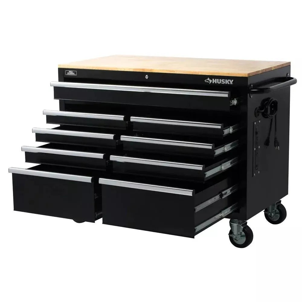 2025 Caja de herramientas móvil profunda con 9 cajones, 46" de ancho x 24" de fondo, acabado negro brillante