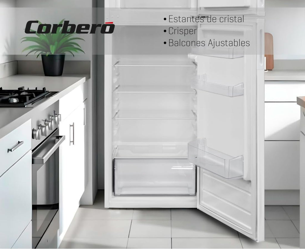 Corberó - Frigorífico 2 Puertas | CF2PV21324W | 57x54x145 | Capacidad 212L | Luz Interior, Crisper, Balcones Ajustables, Descongelación Manual, Estantes de Cristal, Huevera, Cubiteras | Blanco