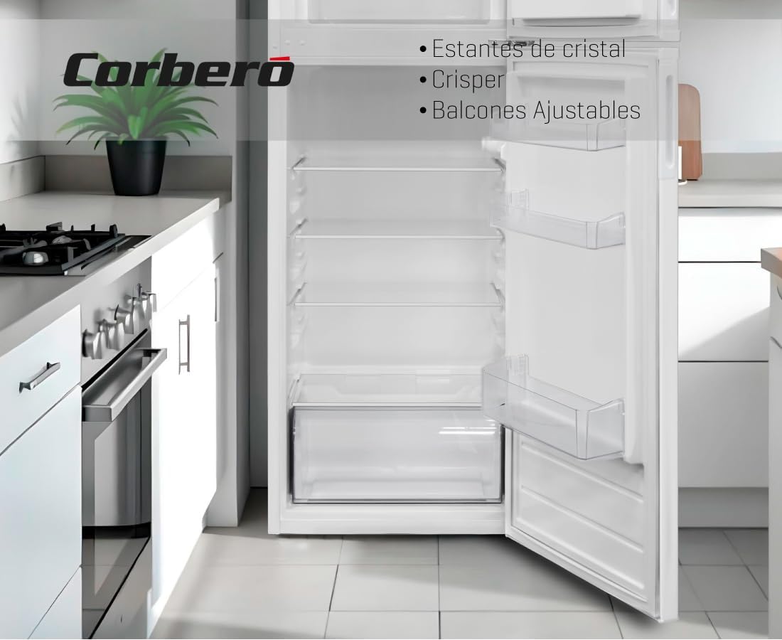 Corberó - Frigorífico 2 Puertas | CF2PV21324W | 57x54x145 | Capacidad 212L | Luz Interior, Crisper, Balcones Ajustables, Descongelación Manual, Estantes de Cristal, Huevera, Cubiteras | Blanco