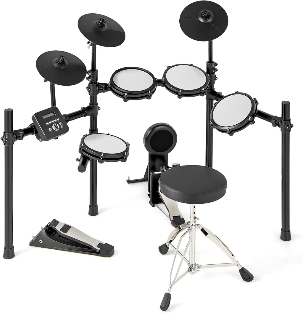COSTWAY Batería Eléctrica, Kit de Batería Plegable con Pads de Malla Silenciosos, Platillo, 225 Sonidos y 30 Demos, Metrónomo y USB Midi, Bombo, 2 Baquetas, Taburete Ajustable, para Adultos y Niños