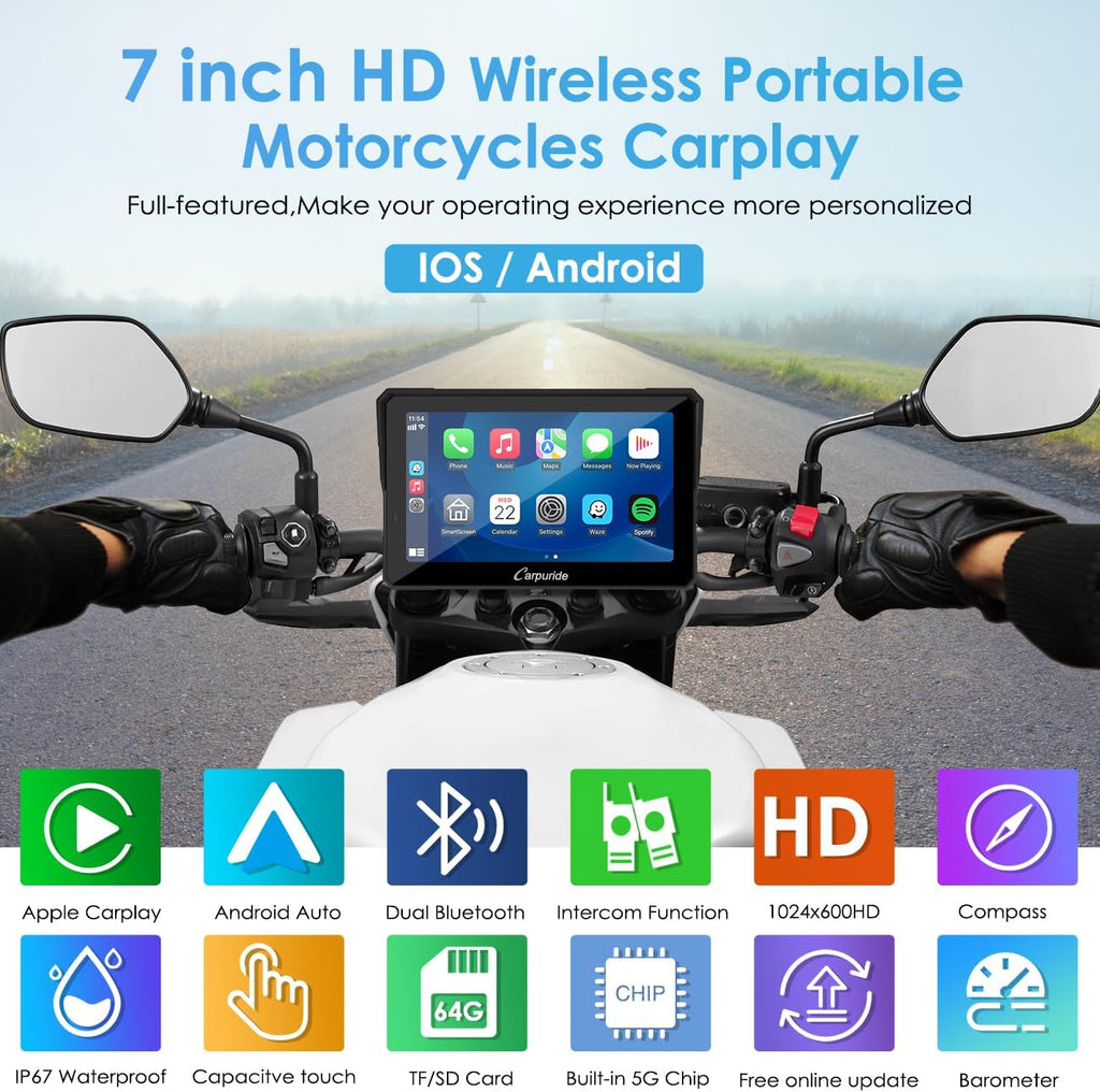 Carpuride W702 Pro Motocicleta Pantalla Carplay con Intercomunicador Función, Inalámbrico CarPlay y Android Auto, Portátil 7 Pulgadas Impermeable Pantalla Táctil, Dual Bluetooth, Navegación, Brújula.