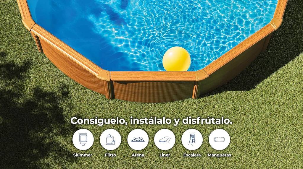 Gre KITPR353W Piscina de Acero Elevada, Redonda con Aspecto Madera, Piscinas Desmontables para Jardín, 350 x120 cm, Sicilia