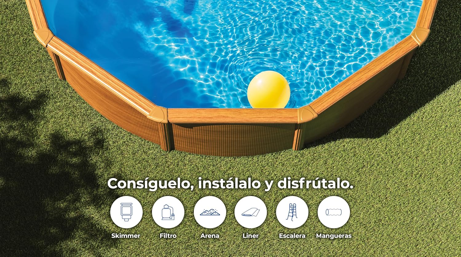 Gre KITPR353W Piscina de Acero Elevada, Redonda con Aspecto Madera, Piscinas Desmontables para Jardín, 350 x120 cm, Sicilia