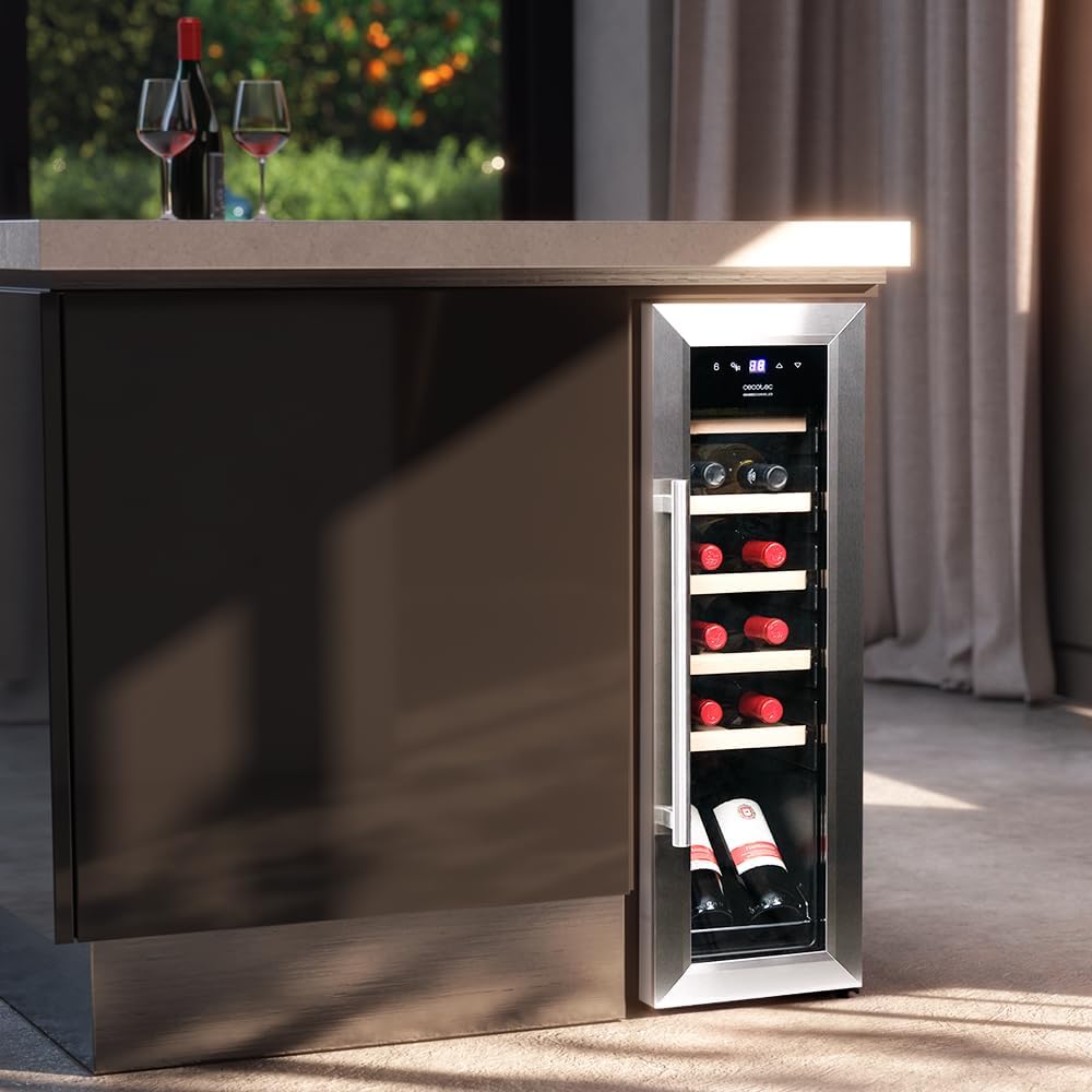 Cecotec Vinoteca Libre Instalación Bolero GrandSommelier 1250 CoolWood. Nevera para vinos con capacidad para 12 botellas, temperatura ajustable de 8-18ºC, LED y estantes de madera.