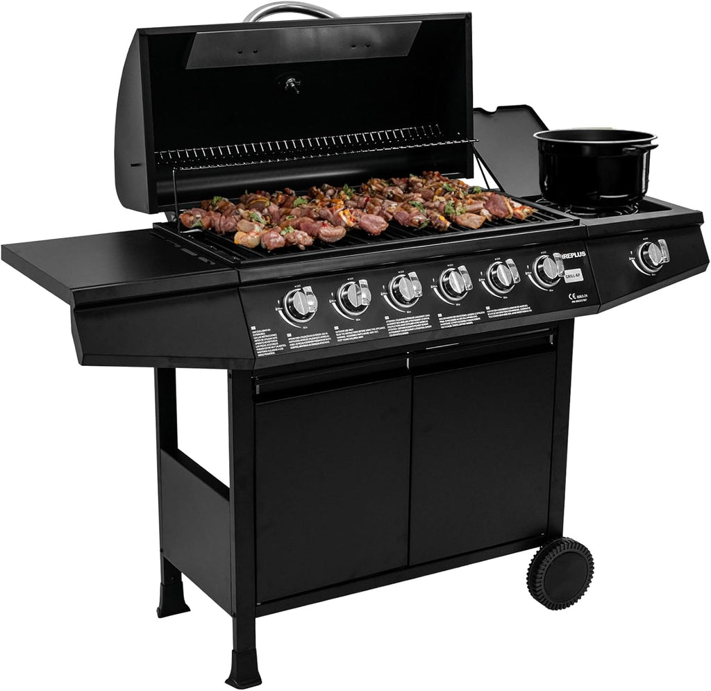 Amig - Barbacoa de gas Fireplus 6+1 de 12,9 kW - Acero inoxidable Negro - Parrilla con ruedas Modelo GRILL-6F - Barbacoa XXL con carro y termómetro - 138x52x103 cm - 7 quemadores y Bandeja lateral