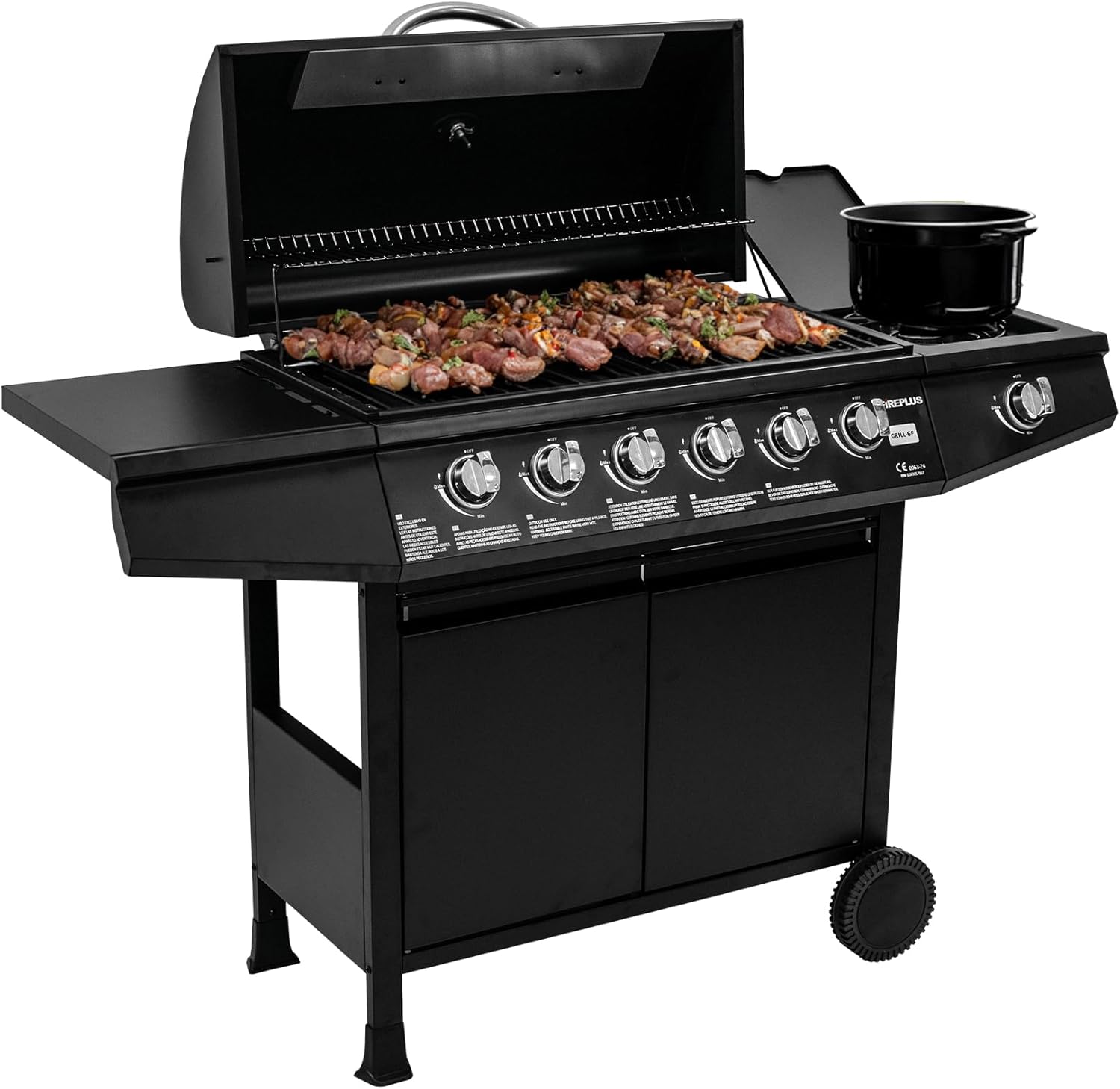 Amig - Barbacoa de gas Fireplus 6+1 de 12,9 kW - Acero inoxidable Negro - Parrilla con ruedas Modelo GRILL-6F - Barbacoa XXL con carro y termómetro - 138x52x103 cm - 7 quemadores y Bandeja lateral