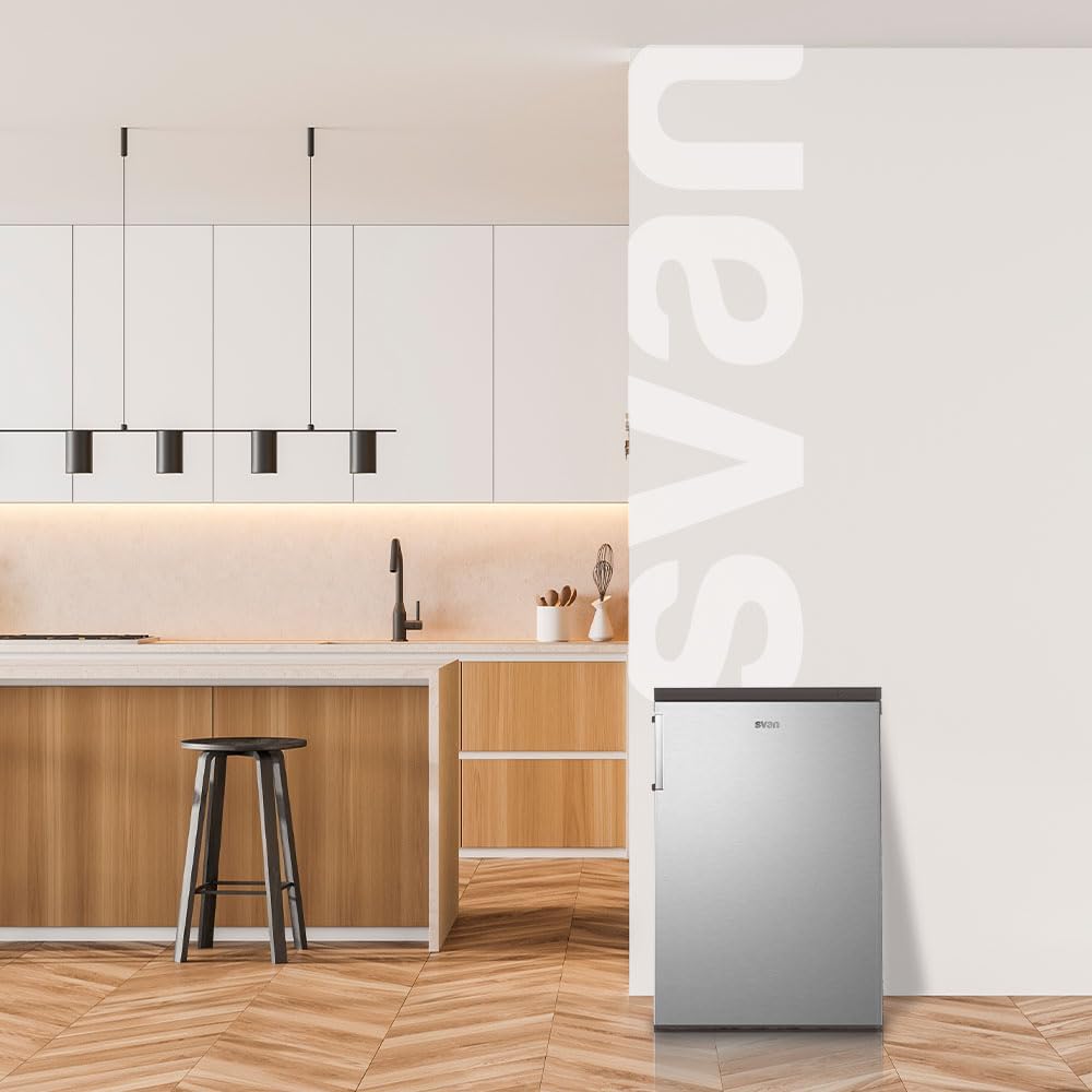 Svan Congelador vertical Inox SCV855500EX. Capacidad 85 Litros, Puerta Reversible, Bajo nivel Sonoro, Eficiencia Energética Clase E