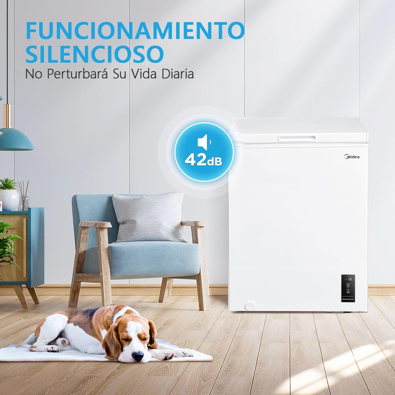 MIDEA Arcon Congelador Pequeño Horizontal de 99L, Motor Inverter, Control Electrónico de Temperatura, Tecnologia D-TYPE Tube, Cestas con Asa, Easy Move, Silencioso 39dBA, Bajo Consumo, Blanco