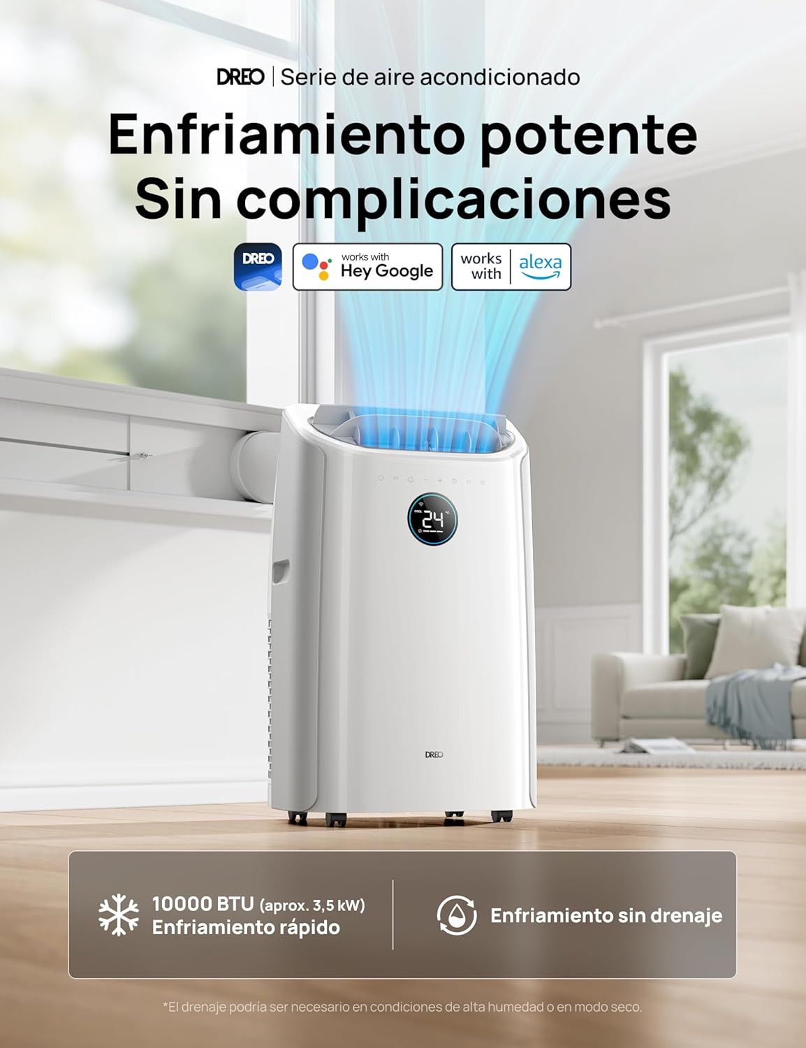 DREO Aire Acondicionado Portátil de 10000 BTU para Habitación, Refrigeración sin Drenaje, Silencioso, Control por Aplicación/Voz, Temporizador de 24 Horas, con Ventilador y Deshumidificador
