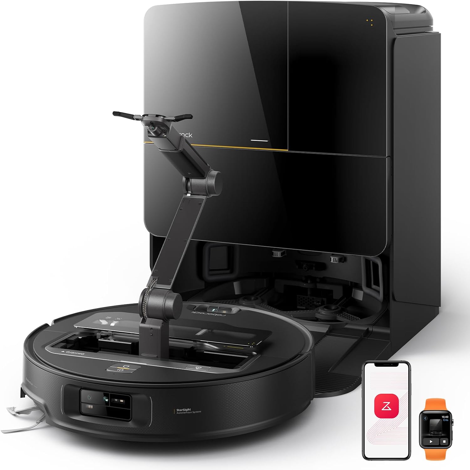roborock Saros Z70 Robot Aspirador con Brazo Mecánico OmniGrip Plegable de 5 Ejes, Succión de 22000 Pa, Doble Sistema antienredos, Diseño Ultrafino de 7,98 cm y Evitar 108 Tipos de Obustáculos, Negro