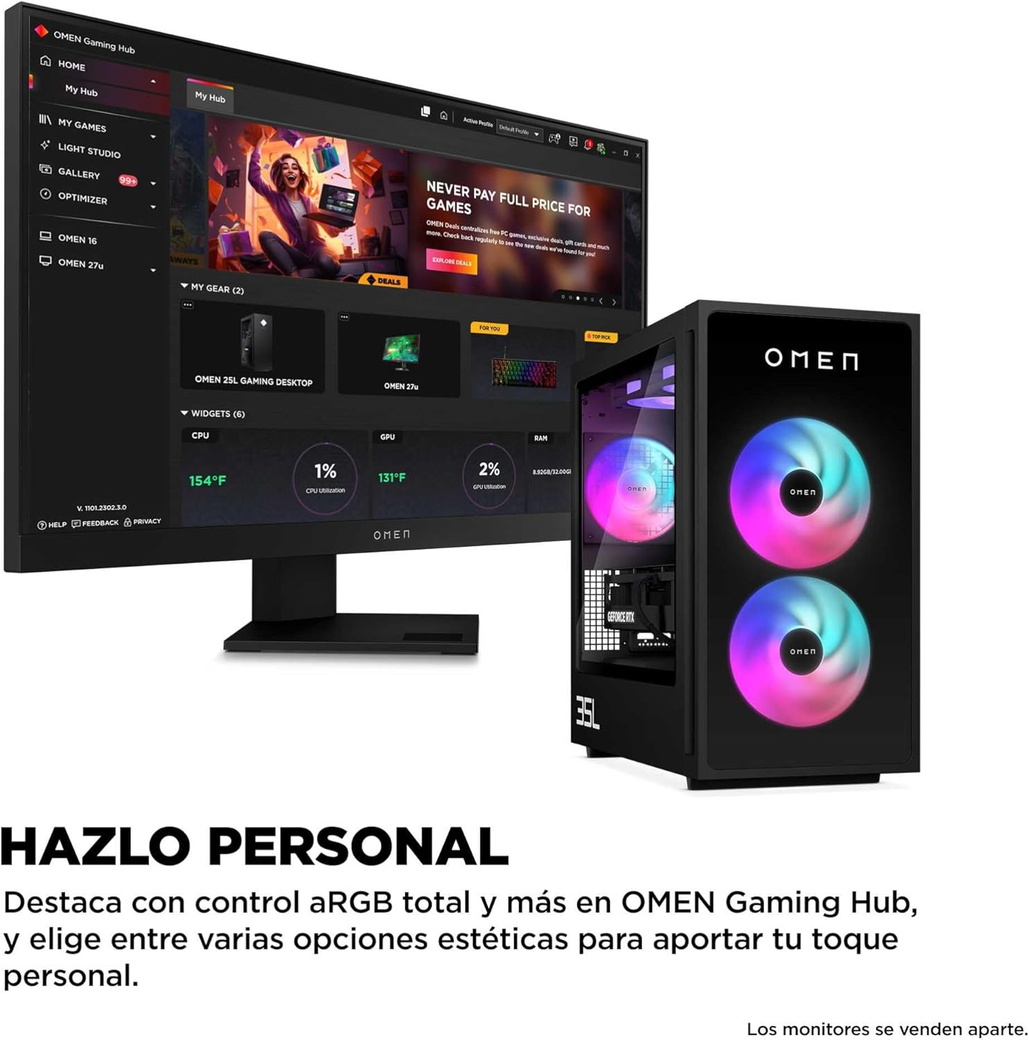 HP Ordenador sobremesa Gaming OMEN 35L GT16-0067ns (Procesador AMD Ryzen 7 8700F, 32GB RAM DDR5, 1TB SSD PCIe Gen4, NVIDIA GeForce RTX 5070 12GB, FreeDOS) - Negro
