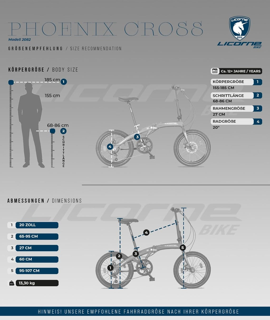Licorne Bike Phoenix 2D Cross Bicicleta plegable de aluminio de 20 pulgadas, freno de disco, bicicleta plegable para hombre y mujer, 7 marchas, marco de aluminio